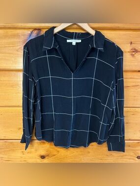 fun 2 fun Black &White Soft Windowpane Button-Down Women’s longsleeve Blouse M